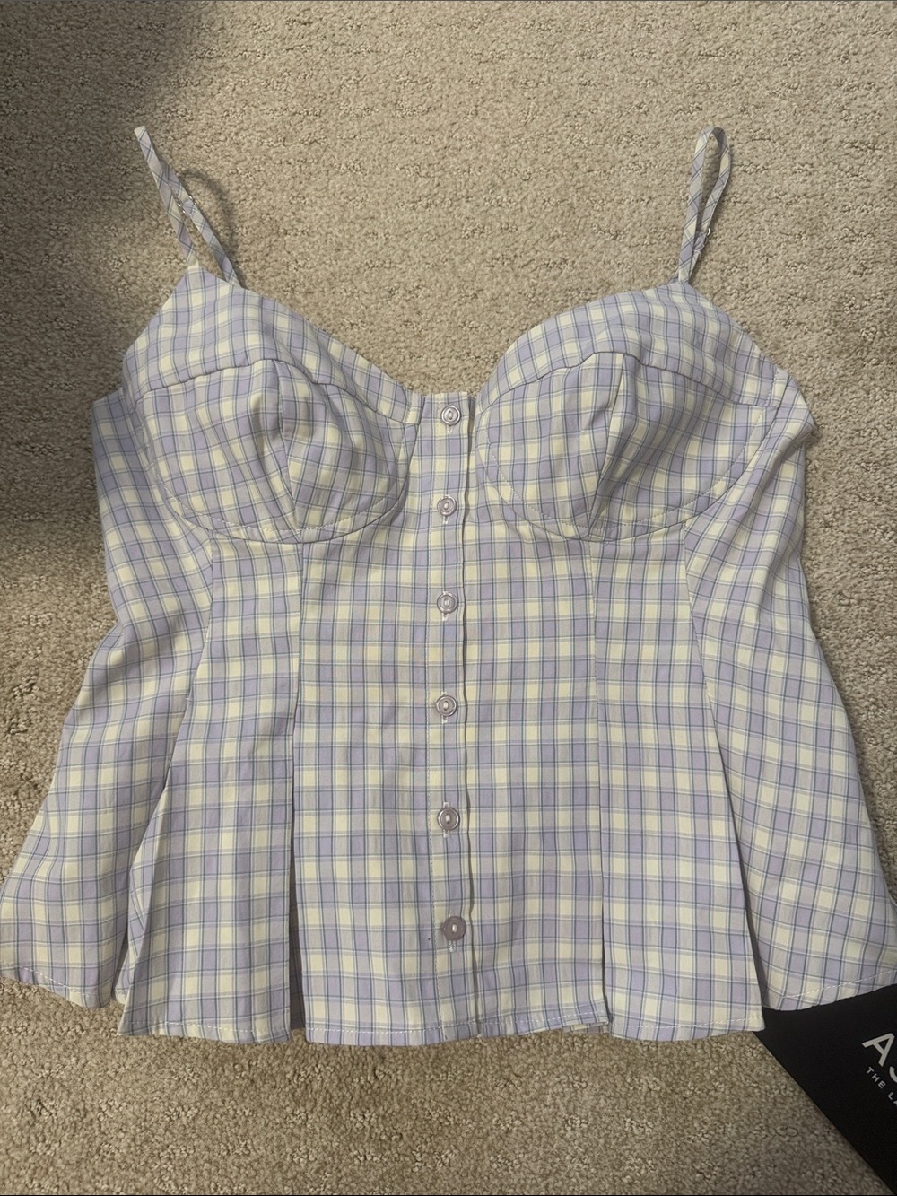 NWT ASTR Plaid Peplum Bustier Tank Top with Button Front - Lavender & Cream
